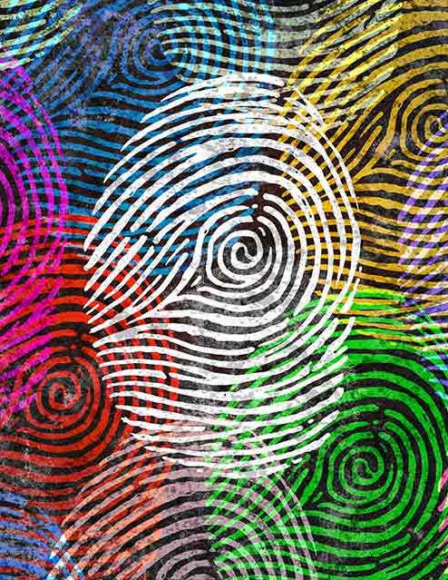 Multicolored fingerprints, representing different identities