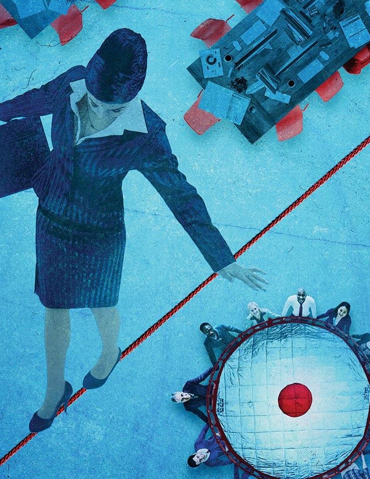 A woman walking on a tightrope between people around a table